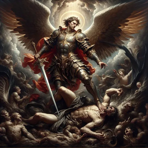 Prompt: Create a UHD, 64K, professional oil painting in the style of Carl Heinrich Bloch, blending influences from Flemish Baroque and traditional religious iconography. Depict St. Michael the Archangel in a triumphant pose, defeating Satan.

St. Michael is portrayed as a powerful and majestic figure, with strong, muscular build, dressed in shining armor that reflects divine light. His face shows a combination of divine wrath and serene determination. He has large, magnificent wings that are spread wide, adding to his imposing presence. In his right hand, he wields a flaming sword raised high, ready to strike, while his left hand holds a shield emblazoned with a cross.

Satan is depicted as a dark, fearsome figure, with a grotesque and menacing appearance. He is shown writhing in defeat beneath St. Michael’s feet, his expression twisted with rage and anguish. His form is a combination of human and beast, with dark, leathery wings, sharp claws, and serpentine features.

The background of the painting is dramatic and tumultuous, with swirling clouds and flashes of divine light breaking through the darkness. The celestial light focuses on St. Michael, emphasizing his role as the divine warrior and protector.

Angels and saints can be subtly depicted in the background, witnessing the battle with expressions of awe and reverence. The ground beneath them is cracked and scorched, symbolizing the intensity of the battle between good and evil.

The overall composition should convey a sense of dynamic movement and dramatic tension, highlighting the victory of divine righteousness over evil. The painting should evoke a deep sense of awe, reverence, and the triumph of good over evil.