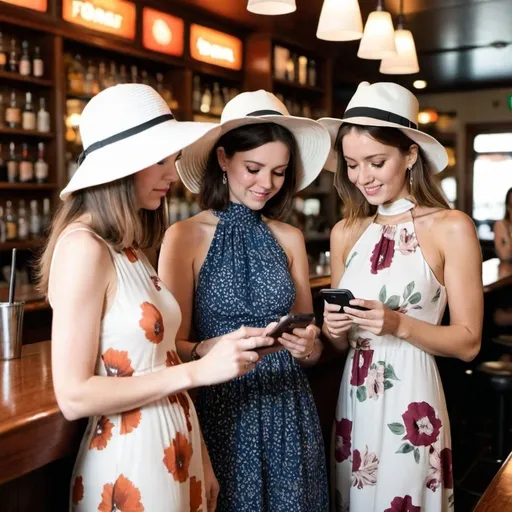 Prompt: three 21-year woman in (( long flower print Empire Dress with a high neck line and white hat))   looking at their phones in a bar together, one of them is looking at their phone, 