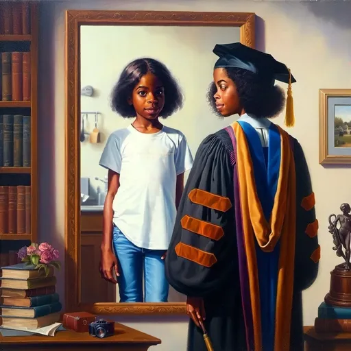 Prompt: Create a UHD, 64K, professional oil painting in the style of Carl Heinrich Bloch, blending elements of realism and symbolic imagery. The painting should depict a 25-year-old  black woman wearing a "PhD cap" and gown on the day of her university graduation. She is standing in front of a mirror, looking at her reflection.

In the reflection is the  7-year-old  child version of herself is dressed in simple t-shirt and jeans standing in the kitchen.  The woman’s expression is one of pride and nostalgia as she gazes at her younger self, reflecting on the path she has taken to reach this significant milestone.

The PhD cap and gown are richly detailed, with the cap adorned with a tassel and the gown featuring the traditional doctoral hood. The background includes subtle academic elements, such as a bookshelf filled with books, a diploma on the wall, and a window showing the university campus, alluding to her achievements and the environment that shaped her.

The overall composition should evoke a sense of accomplishment, reflection, and the passage of time, capturing the emotional depth of this significant life event. The painting should blend the realism of the present moment with the symbolic imagery of the reflection, creating a touching and inspiring narrative.