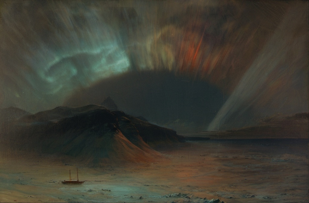 Prompt: a painting of a boat in a body of water under a sky filled with aurora lights and a mountain, Albert Bierstadt, space art, apocalypse, a painting