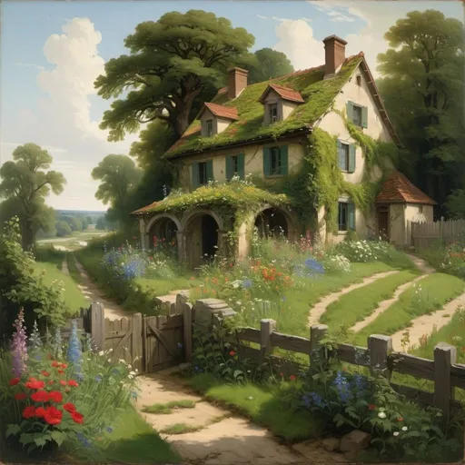 Prompt: a painting of a house overgrown with vines and wildflowers  with a path leading to it and flowers in front of it and a fence and a stream in a field with flowers and trees around it with a green roof, in the style of Carl Heinrich Bloch, blending the American Barbizon School and Flemish Baroque influences.