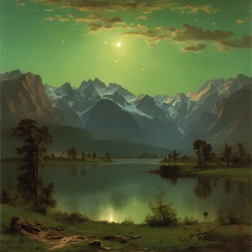 Prompt:  an image showing the hope of new day. looking east. In foreground there is green meadows and  large  reflecting lake. the  distended horizons of  rugged mountains with snow on the peaks. The sky is completely clear of clouds. the sky is fill with the stars,  milky way. <mymodel>