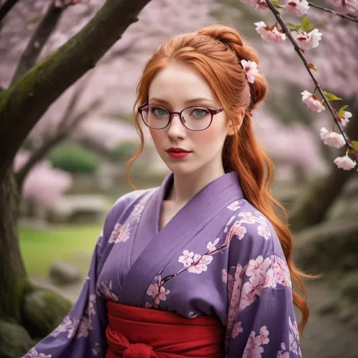Prompt: ((25-year-old woman, green eyes. cover with dark freckle. long ginger hair ginger in a French braid. wearing lipstick red. purple broad rimmed eyeglasses))  in a kimono, serene forest setting, full-body shot, long ginger  hair  in a French braid, open eyes, detailed, traditional Japanese art style, vibrant colors, peaceful atmosphere, cherry blossom trees, elegant pose, long flowing sleeves, serene expression, atmospheric lighting, professional, too small clothing