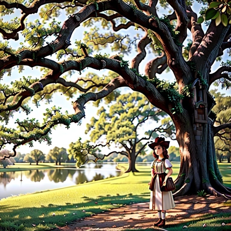 Prompt: 18th century French, Evangeline standing under an oak tree Spanish moss  looking  at  the  Bayou waiting for her forever lost love Gabriel 