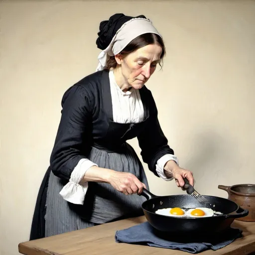 Prompt: whistler mother  frying eggs in a cast iron skillet