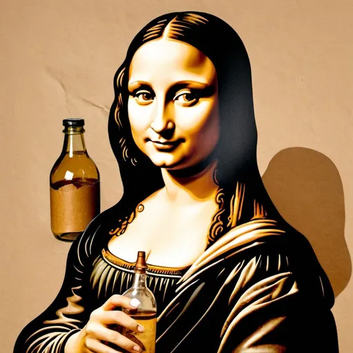 Prompt: Mona Lisa smiling while drinking from glass bottle in a wrinkled brown paper.