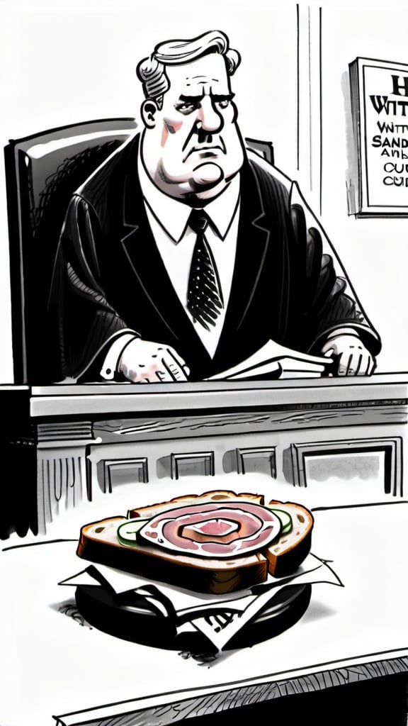 Prompt: a political cartoon illustrating an indictment ham sandwich on the witness stand in court