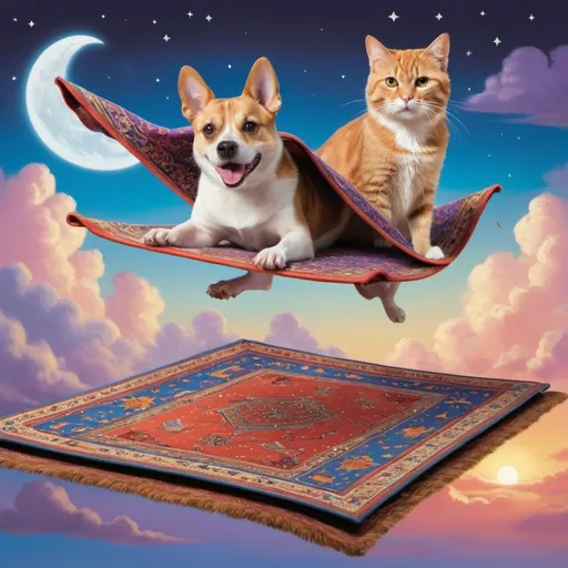 Prompt: A dog, cat, and mouse flying on a "magic carpet" 