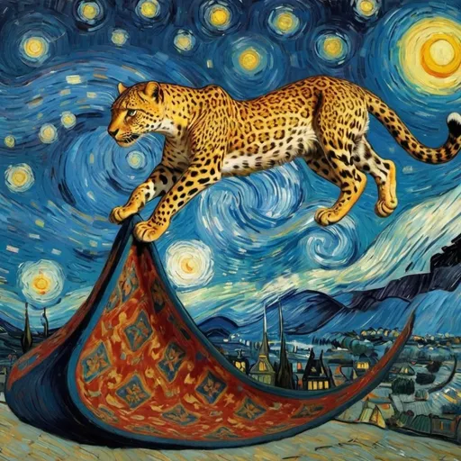 Prompt: A leopard flying on a "magic carpet" in "The Starry Night" by Vincent van Gogh