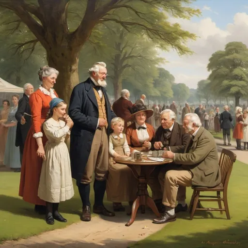 Prompt: a  painting of a scene daily life ,
three generations of the Smith family meeting for a big family reunion in a park, 
 Augustus Edwin Mulready,
highly detailed, 
professional oil painting,
UHD,
64K