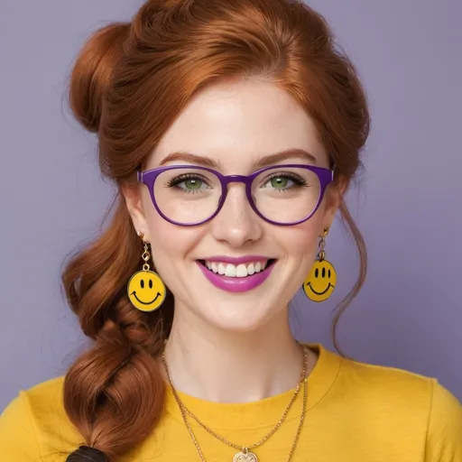 Prompt: Please write a description for the following image:
A 25-year-old woman with earrings, specifically 1970s style yellow smiley face earrings. She has green eyes, a captivating smile, and a dark freckle on her cheek. Her long ginger hair is elegantly styled in a superbly done French braid. Additionally, she is wearing red lipstick and broad-rimmed eyeglasses in purple. The woman's outfit consists of a white t-shirt with a large 1970s yellow smiley face prominently displayed on the front.
Ensure the description is detailed and vivid, capturing the unique elements of her appearance and the retro vibe of the accessories and outfit. Encourage creativity and attention to detail, emphasizing the vintage aesthetic and individual characteristics of the woman.
---
For example, when creating a description, I would focus on highlighting the woman’s striking green eyes and the contrast they create against her ginger hair. Additionally, I would ensure to mention how the smiley face earrings and t-shirt contribute to the 1970s theme, adding a nostalgic feel to the overall look.