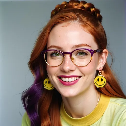 Prompt: 25-year-old woman with earrings 1970s smiley face yellow, green eyes. cover with dark freckle. long ginger hair ginger in a superbly done French braid.. wearing lipstick red. broad rimmed eyeglasses purple with purple frames. the woman is wearing a  white  t-shirt.  The shirt is a white shirt with  one large 1970s yellow smiley faces on it 


25-year-old woman with earrings 1970s smiley face yellow, green eyes. cover with dark freckle. long ginger hair ginger in a superbly done French braid.. wearing lipstick red. broad rimmed eyeglasses purple

The woman is wearing earrings. 1970s yellow smiley face earrings.

the woman is wearing a  white  t-shirt.  The shirt is a white shirt with one large 1970s yellow smiley face on it 