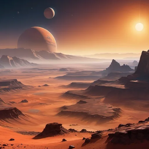 Prompt:  Create a UHD, 64K, professional digital painting that captures the awe-inspiring beauty of a sunrise on Mars. The scene should depict the Martian landscape in stunning detail, showcasing the unique terrain and atmospheric conditions of the Red Planet.

Key Elements to Include:
Martian Landscape:

Foreground: Rugged, rocky terrain with scattered boulders and dust. The ground has a reddish hue typical of Mars, with fine dust and sand dunes shaped by the Martian winds.
Midground: Rolling hills and craters, with some jagged cliffs and plateaus that catch the first light of the rising sun.
Background: Distant mountains and valleys, adding depth and a sense of scale to the scene.
Sunrise:

The sun, appearing smaller than it does on Earth, is just beginning to rise above the horizon. Its light is a soft, pale yellow, casting long shadows and creating a delicate glow.
The sky transitions from the dark blues and purples of the Martian night to the lighter pinks, oranges, and yellows of dawn.
Thin clouds or dust particles in the atmosphere catch the sunlight, creating a subtle, ethereal effect.
Atmospheric Details:

A thin, hazy atmosphere that allows for clear visibility of distant features while giving the sky a unique tint due to the presence of dust and thin air.
Dust devils or small whirlwinds can be seen in the distance, adding dynamic movement to the scene.
Scientific and Realistic Touches:

Surface features such as dry riverbeds, ancient lava flows, or evidence of past water activity.
Potential inclusion of human or robotic exploration elements, such as a rover in the distance, tracks on the ground, or a small research outpost, to add context to the exploration of Mars.
Overall Atmosphere:
The painting should evoke a sense of wonder and the pioneering spirit of space exploration. The beauty of the Martian landscape, combined with the serene and otherworldly dawn, should inspire viewers to imagine the possibilities and challenges of exploring and perhaps one day colonizing Mars.

