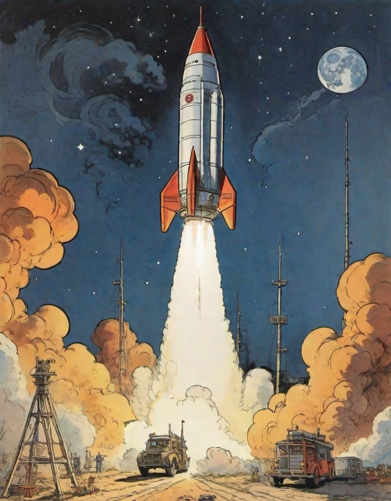 Prompt: a  cartoon of a rocket is being launched on a clear night with fire andsmoke billowing out of it's back end,
Ernest Briggs, 
hurufiyya, 
michael kaluta,
 an illustration of

