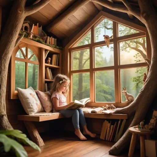 Prompt: A child reading in a cozy treehouse, with a view of a magical forest full of fairies and mythical creatures through the window.