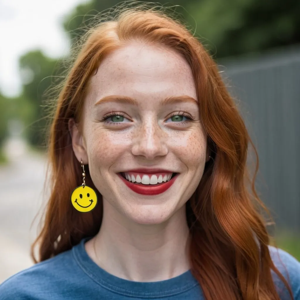 Prompt: gportrait,  
27 year-old woman, 
walking,
cover with dark freckle, 
green eyes, 
long ginger hair, 
red lipstick, 
a smile on her face, 
(smiley-face-earrings),  
smiley-face t-shirt, 
long blue jean, 
photo 