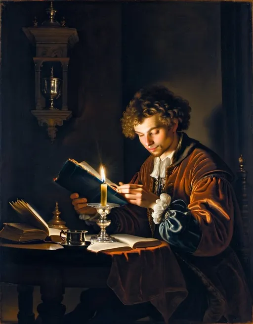 Prompt: a painting of a Young Man Seated at a Table  a small silver cup in his hand and looking at a book on a table with a lit by a candle on the table, Arnold Boonen, 
rembrandt lighting, 
a flemish Baroque