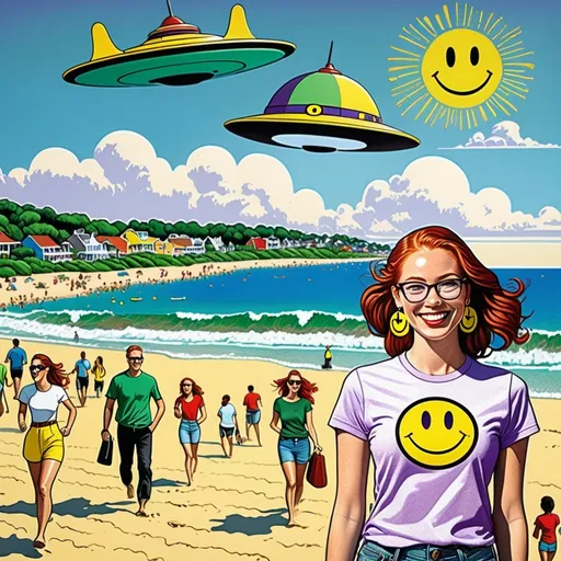 Prompt: photo 

25-year-old woman, green eyes. cover with dark freckle. long ginger hair ginger in a French braid. wearing lipstick red. broad rimmed eyeglasses purple

the is  woman wearing a white t-shirt. 

the  t-shirt has a yellow smiley face with two eyes and a smile on it's face, with a black outline, Dave Gibbons, naive art, smile, a digital rendering

 the woman is wearing  earrings.

the earrings has a yellow smiley face with two eyes and a smile on it's face, with a black outline, Dave Gibbons, naive art, smile, a digital rendering


the beach, while UFO is attacking while people are running for their lives


photo