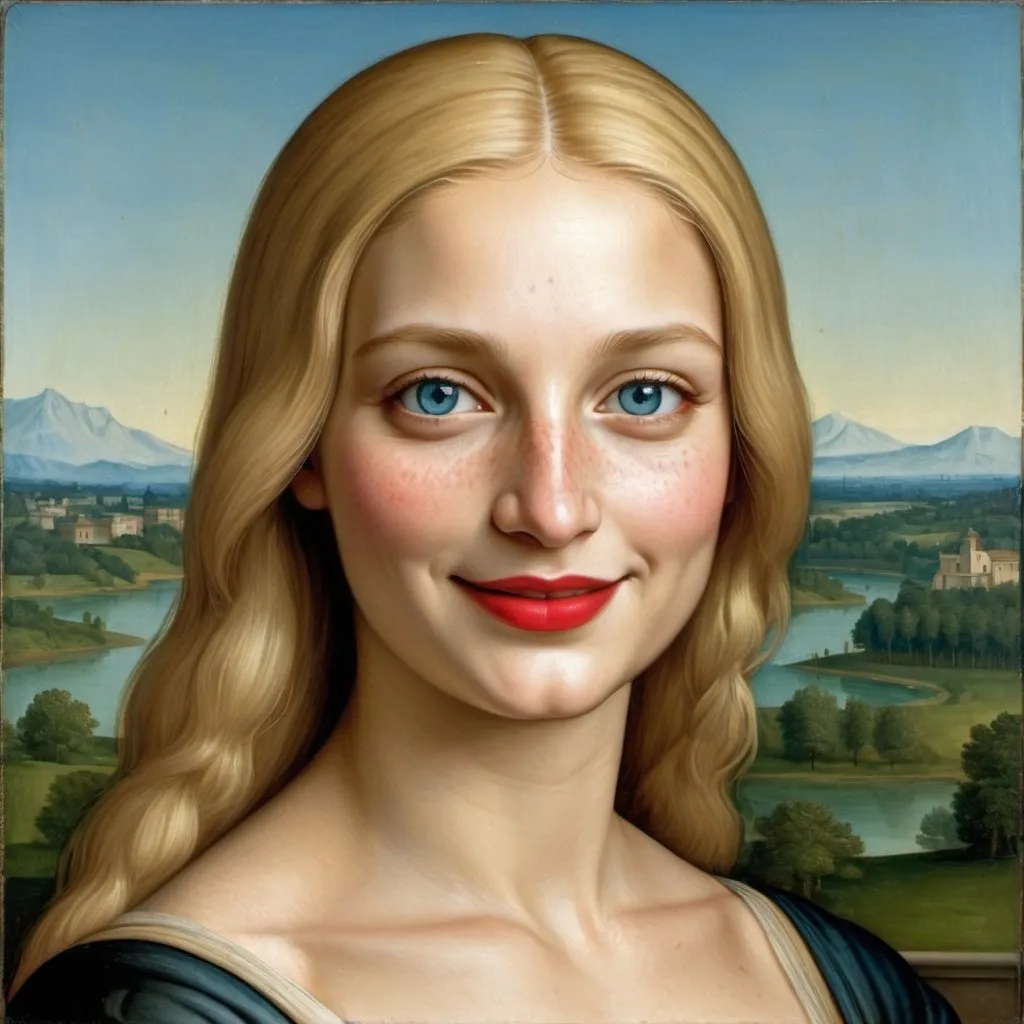 Prompt: a painting of Mona Lisa cover with dark freckle blue eyes  long blonde hair, red lipstick, on a smile on her face, with a green background and a blue sky, Fra Bartolomeo, academic art, renaissance oil painting, a painting