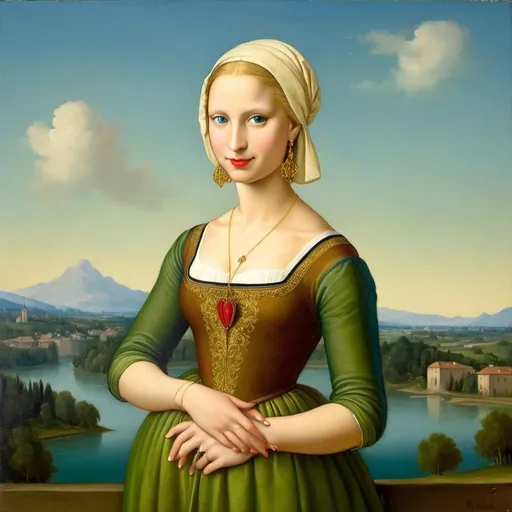 Prompt: a painting of Mona Lisa blue eyes short blonde hair, red lipstick, on a smile on her face "gold earrings", renaissance dress  with a green background and a blue sky, Fra Bartolomeo, academic art, renaissance oil painting, 