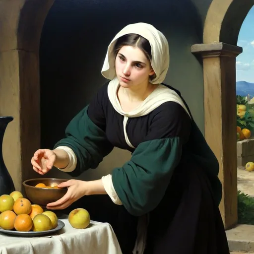 Prompt: Create a professional oil painting in the styles of Carl Heinrich Bloch, the American Barbizon School, William-Adolphe Bouguereau, and Flemish Baroque art. Depict a young woman in a serene, rustic setting, engaged in a domestic task, wearing a traditional 19th-century dress.

Subject: A young woman in a rural setting, arranging a bowl of oranges and apples on a wooden table covered with a white cloth.

Dress Description:

Overlay: Black dress with a fitted bodice.
Undershirt: White, with large, puffed sleeves gathered at the wrists, visible at the neckline and cuffs.
Skirt: Part of the black dress, long and full.
Details: Green accent fabric visible under the black sleeves. White headscarf tied loosely, covering her hair.
Composition: Position the woman centrally, leaning over the table, hands gently touching the fruit. Her expression should be serene and focused.

Background: Rustic interior with an arched doorway opening to a lush green landscape, including rolling hills, distant trees, and a bright blue sky with soft white clouds.

Lighting: Use chiaroscuro with light coming from the right, illuminating her face and hands, casting soft shadows on the table and fruit. The background should have gentle, natural light contrasting with the darker interior.

Detail and Realism: Emphasize textures and details of the dress, fruit, and setting. Ensure the fabric looks realistic with visible folds. The fruit should appear fresh and vibrant.

Color Palette: Rich, deep tones. The black dress contrasts with the white undershirt and headscarf. The fruit should be vibrant oranges and apples. The background should have earthy tones and lush greens.

Atmosphere: Calm and reflective, capturing a timeless moment of simplicity and beauty in rural life.

This rephrased prompt should help the AI tool to clearly understand the specifics of the dress and scene, ensuring accurate representation.