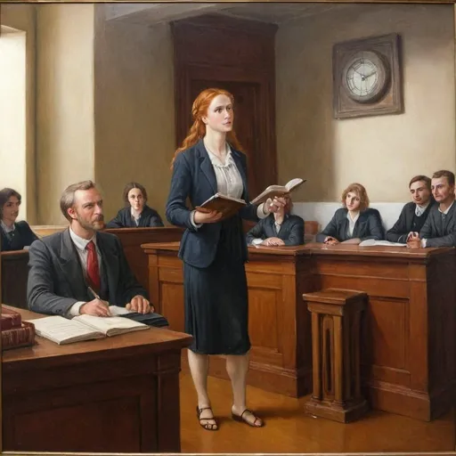 Prompt: a painting of a standing woman  working as a lawyer lawyer arguing a case before a court of appeals, 
beautiful 35-year-old woman with long ginger hair ginger in a French braid, Evelyn De Morgan, pre-raphaelitism, pre - raphaelite, an art deco painting
 