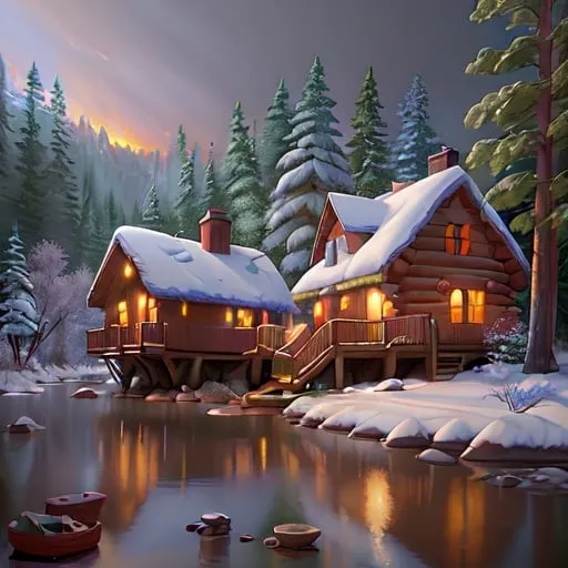 Prompt: a painting of a cabin in the woods with a river running through it and snow covered trees surrounding it, Evgeny Lushpin, american scene painting, kinkade, a detailed matte painting