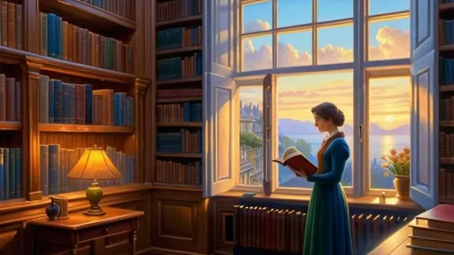 Prompt: a woman standing in a library reading a book next to a window filled with books and people looking at them, Evgeny Lushpin, arts and crafts movement, kinkade, a detailed matte painting