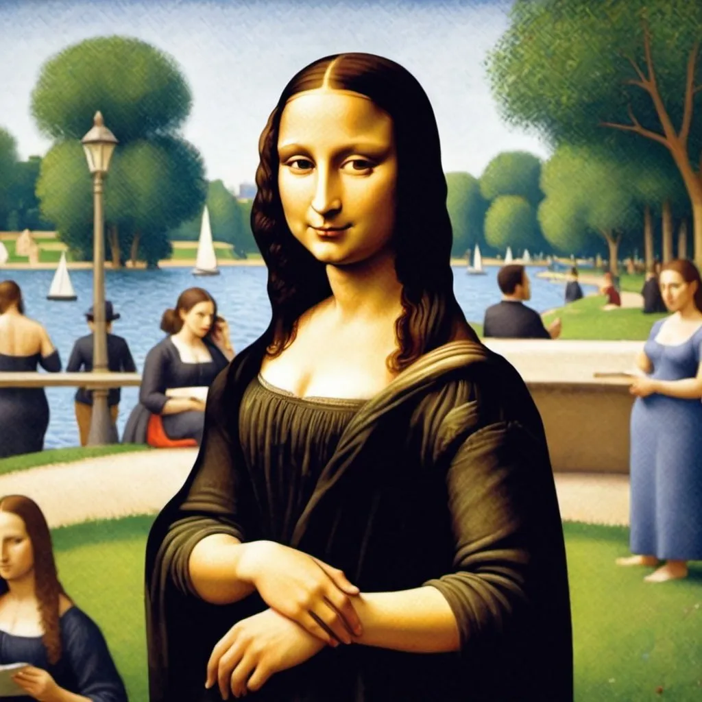 Prompt: "Mona Lisa" in "A Sunday Afternoon on the Island of La Grande Jatte" by Georges Seurat 