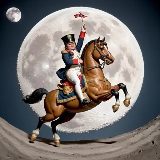 Prompt: a napoleon  riding a "rocking horse" that is jumping over the Moon. 