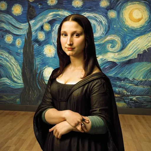 Prompt: "Mona Lisa" running in late for a college class in   in "The Starry Night" by  Vincent van Gogh