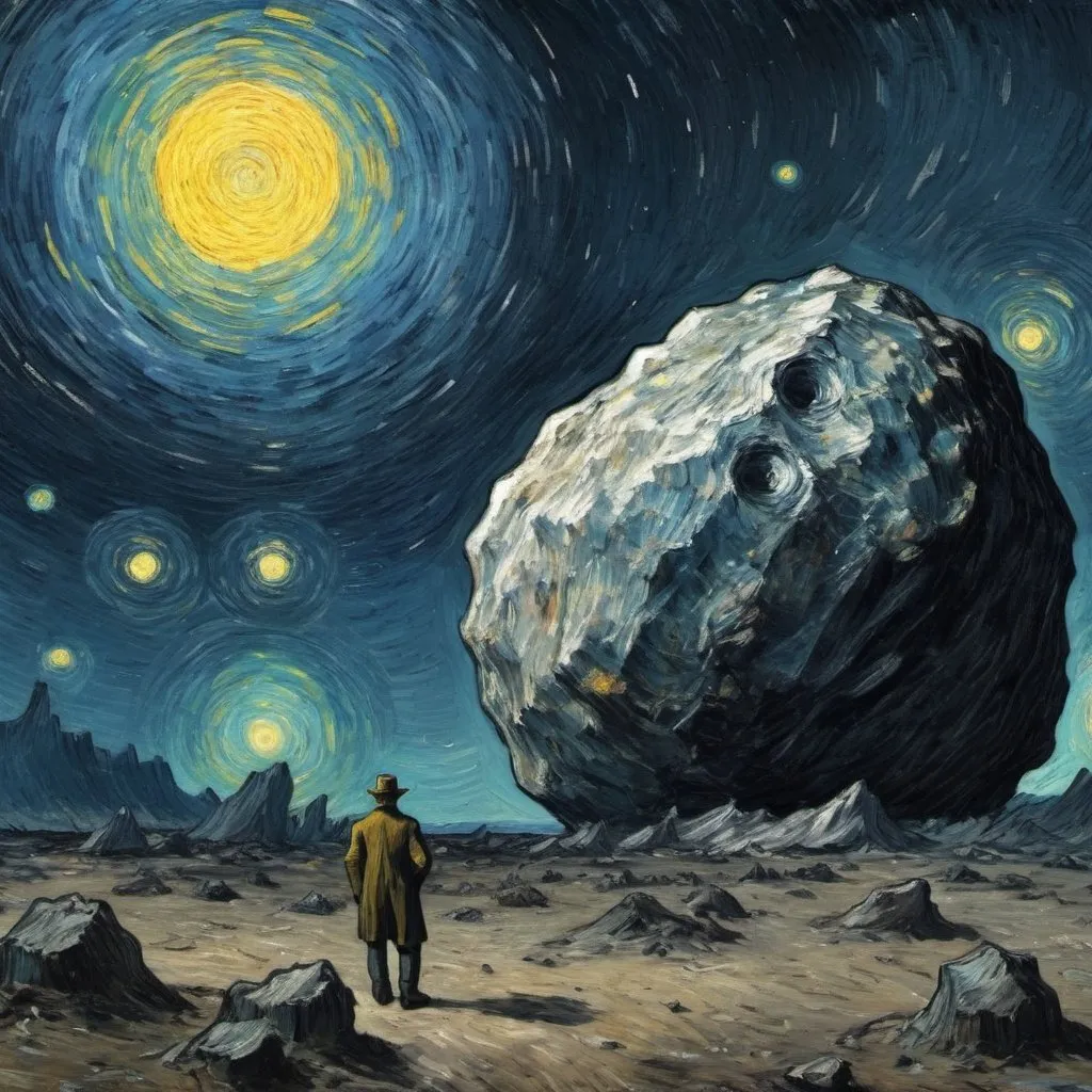 Prompt: Vincent van Gogh  saving the Earth from a giant asteroid