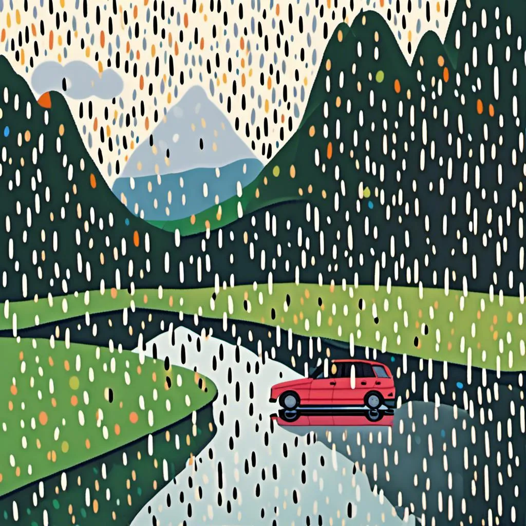 Prompt: <mymodel> an image of a  rainy day outside a car  by a lake.