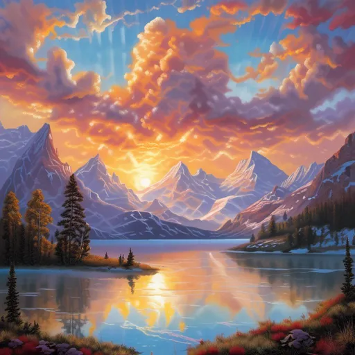 Prompt: Title: "Mountain Majesty: A Sunset Symphony" Description: Imagine standing at the edge of a tranquil lake, surrounded by rugged snow-capped mountains that stretch towards the sky. As the sun begins its descent, the sky transforms into a canvas of breathtaking beauty. Wispy formations blanket the heavens, adding texture and depth to the scene above. These ethereal companions gently reflect the fading light, casting a soft glow over the landscape below. Medium: This prompt invites you to explore the magical interplay of light and shadow as the sun bids farewell to the day. Through your chosen medium, whether it be painting, photography, digital art, or poetry, capture the essence of this serene moment. Let the warmth of the sunset and the grandeur of the mountains inspire your creativity, as you bring to life the symphony of colors and textures that dance across the sky. (by chatgpt) <mymodel>