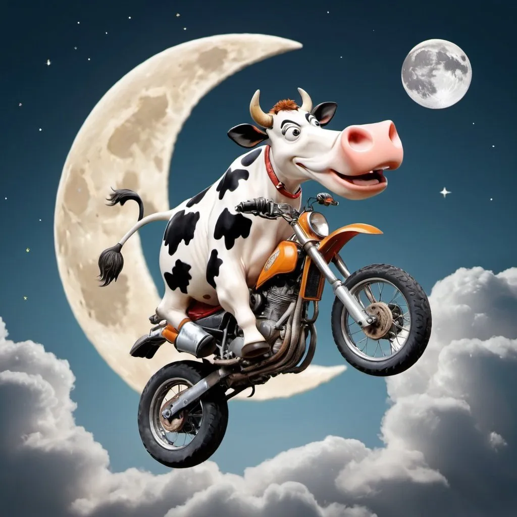 Prompt: A cow on a motorcycle jumping over the Moon