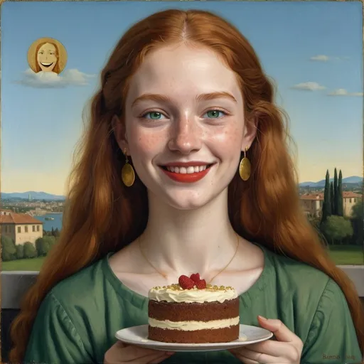 Prompt: a half-length portrait painting  of 20 year-old woman cover with dark freckle green eyes  long ginger hair red lipstick  on a smile on her face, "smiley-face gold earrings",  T-shirt, eating cake, with a green background and a blue sky, Fra Bartolomeo, academic art, renaissance oil painting, a painting in the style of  Mona Lisa