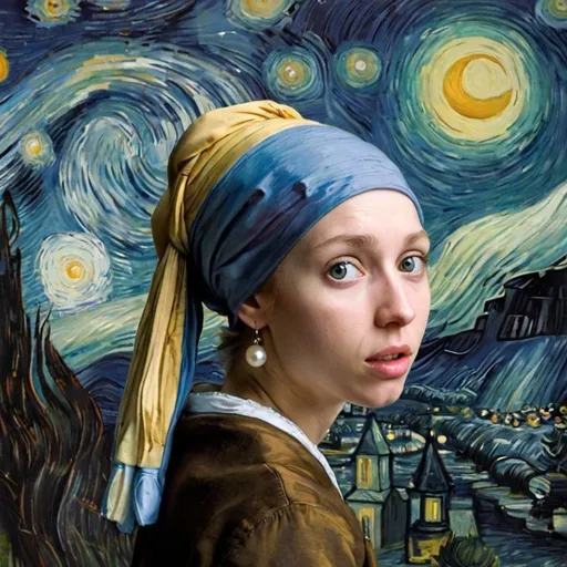 Prompt: "the girl with the pearl earring" running in late for a college class in "The Starry Night" by  Vincent van Gogh