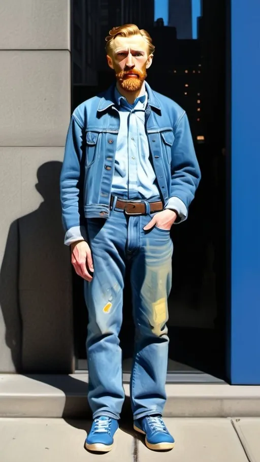 Prompt: a full-length portrait painting,
Vincent van Gogh,
standing on the sidewalk outside the 	Museum of Modern Art, New York 
Museum of Modern Art, New York souvenir t-shirt, 
long blue jean,
blue tennis shoes,
 oil painting
