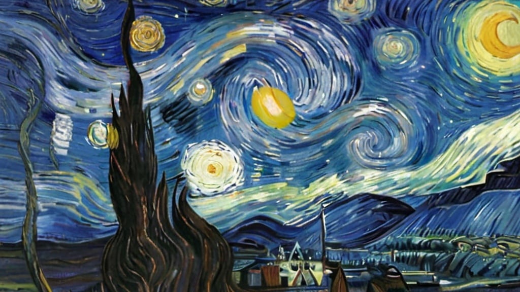 Prompt: "Mona Lisa" in	"The Starry Night" by Vincent van Gogh