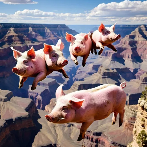 Prompt: three pigs flying over grand canyon
