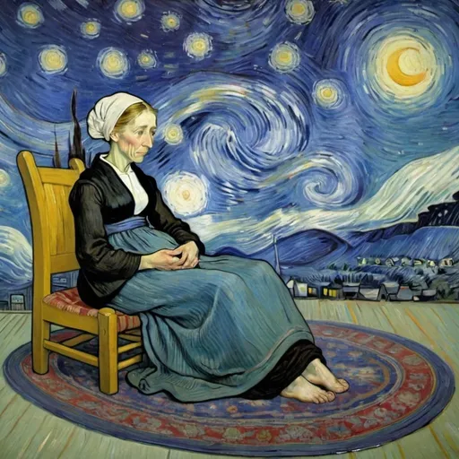 Prompt:  "whistler mother" flying on a "magic carpet" in "The Starry Night" by Vincent van Gogh