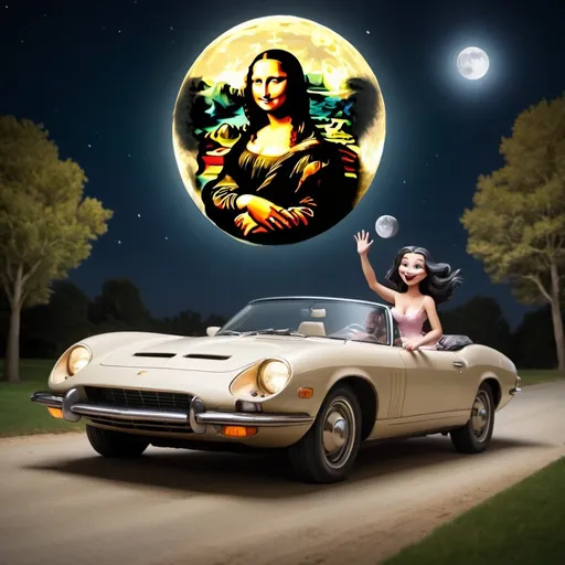 Prompt: Mona Lisa riding in convertible that is jumping over the Moon 