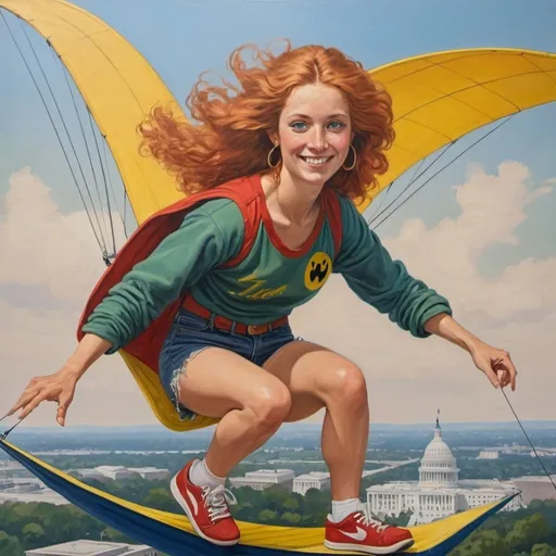 Prompt: a full-length portrait painting, Helen of Troy, 
 flying over washington DC on hang glider,
cover with dark freckle,
green eyes, 
long ginger hair
a smile on her face, 
 gold-earrings-with-a-smiley-face- ON-them
smiley-face  t-shirt, 
long blue jean,
red and blue tennis shoes,
1970s oil painting,

