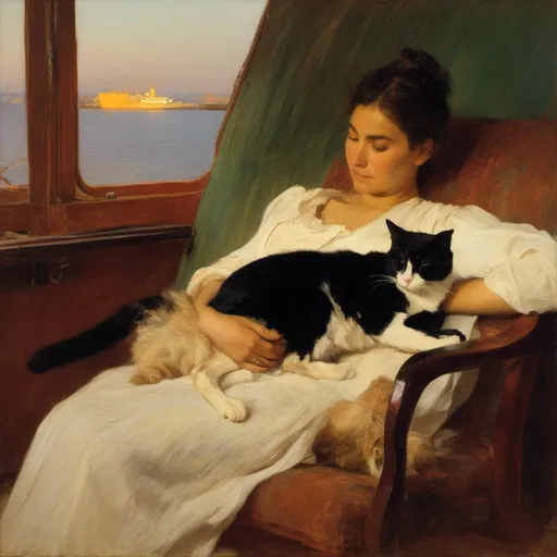 Prompt: <mymodel>A cat that is sleeping on the lap of a woman. the woman is sitting  up in a chair on a ferry, wide angle view, full depth of field, beautiful, high resolution, golden hour lighting,