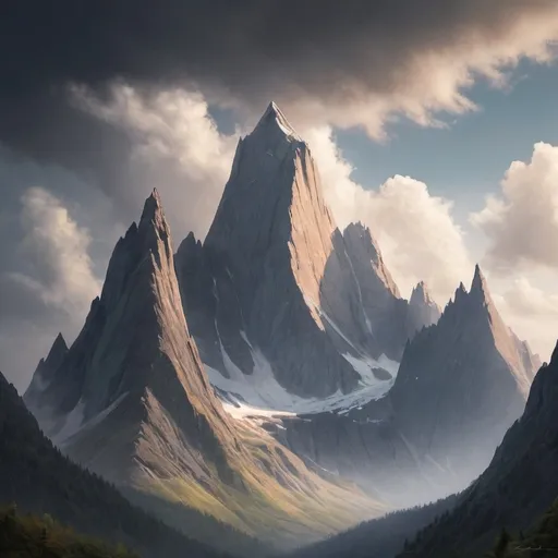 Prompt: peaks touching the sky and adding a sense of grandeur and depth to the scene.