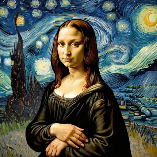 Prompt: "Mona Lisa"  photobombing  "The Starry Night" by Vincent van Gogh