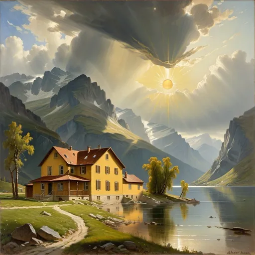 Prompt: painting of  a house  by a lake with mountains in the background and a sun above it, Albrecht Anker, american scene painting, stormy weather, a professional  fine art painting