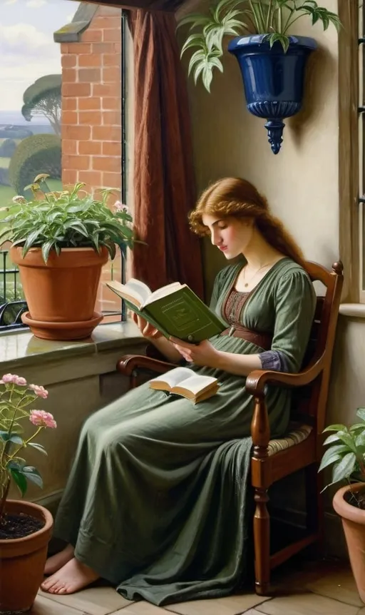 Prompt: a painting of a woman reading a book in a chair by a window with a potted plant in the corner, Edmund Leighton, pre-raphaelitism, pre - raphaelite, a fine art painting