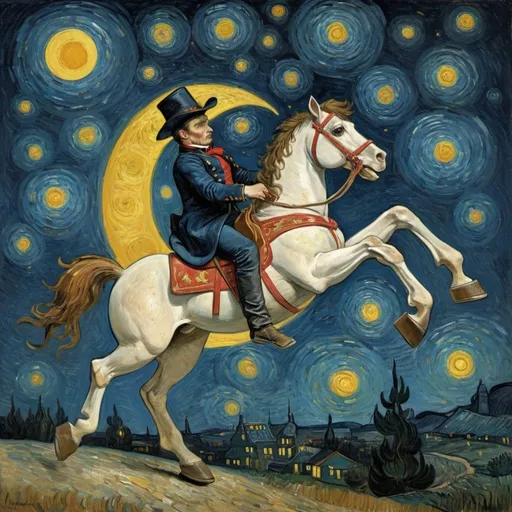 Prompt: a napoleon  wearing a cowboy hat  riding a "rocking horse" that is jumping over the Moon.  in  "The Starry Night" by Vincent van Gogh