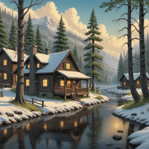 Prompt: a painting of a cabin in the woods with a river running through it and snow covered trees surrounding it, Evgeny Lushpin, american scene painting, kinkade, a detailed matte painting